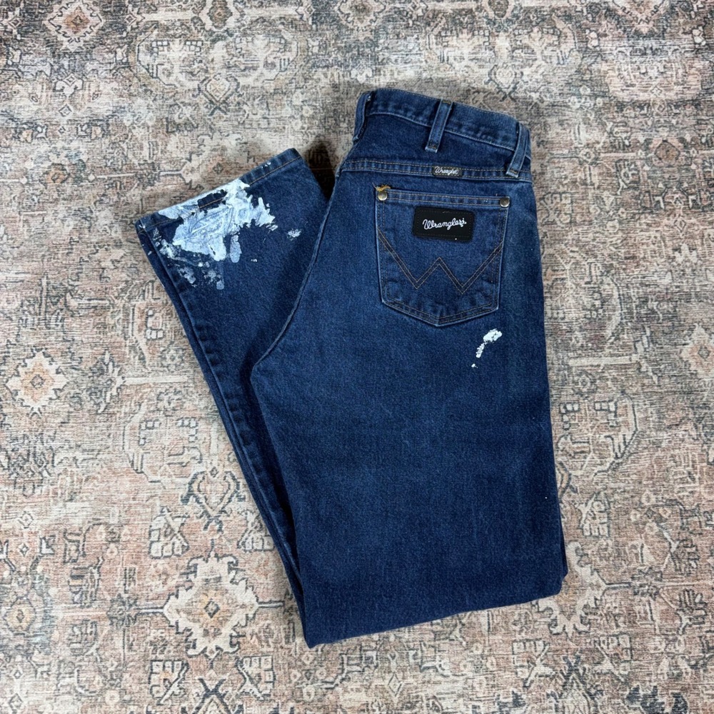 Wrangler 13MSEDD Cowboy Cut Blue Paint Splatter Distressed Jeans 32x32 Mens